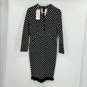 NWT, Baoyan, Black with white Polka dots dress Faux button front zip back size L